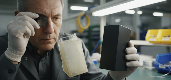Quality inspector comparing a rough resin print against a flawless cast polymer enclosure Quality inspector comparing a rough resin print against a flawless cast polymer enclosure