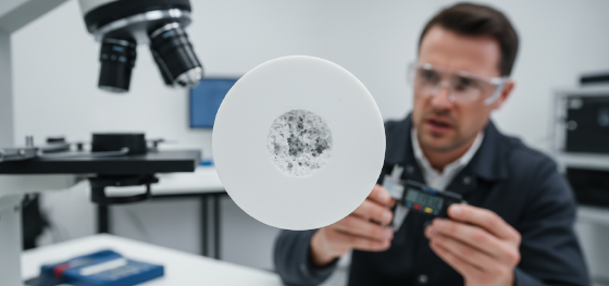 Quality inspector examining a machined Delrin rod exhibiting microscopic centerline porosity defects