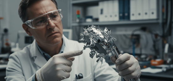 Quality inspector examining a ruined plastic showerhead with violently peeling metallic chrome coatings