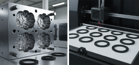 Comparison between expensive solid steel injection mold and automated SLS powder bed forming flexible rubber gaskets Comparison between expensive solid steel injection mold and automated SLS powder bed forming flexible rubber gaskets