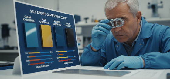 Engineer reviewing an industrial chart comparing salt spray test lifespans of clear, blue, yellow, and black chromate conversion coatings