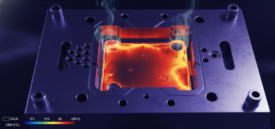 Thermal imaging showing premature gate freeze in an aluminum rapid mold causing plastic sink marks