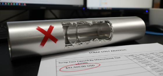 Financial sheet calculating CNC scrap costs caused by inaccurate measurement tool readings