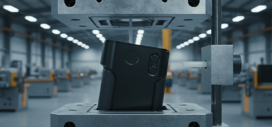 Aluminum injection mold opening to reveal a perfectly formed retail ready polymer electronic housing