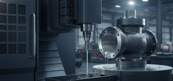 Heavy CNC boring mill machining a massive internal thread on an oil and gas valve using a thread mill