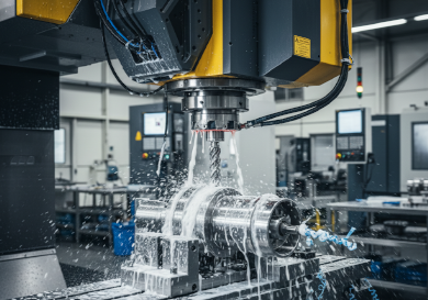 5-axis CNC machine performing helical interpolation using a solid carbide thread mill on a titanium part.png