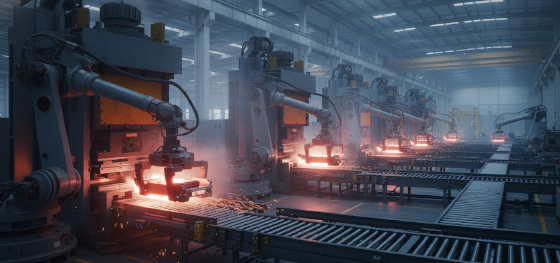 Robotic arms extracting glowing hot metallic chassis components from heavy hydraulic presses