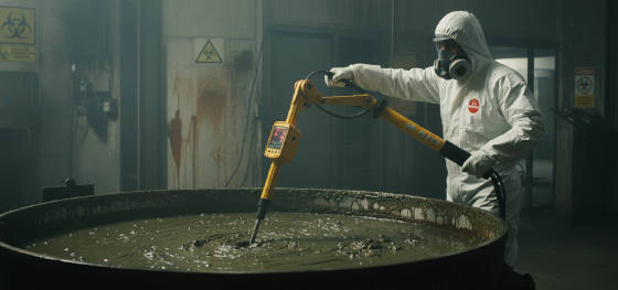 Hazmat technician testing pH levels of a severely contaminated industrial chemical plating vat