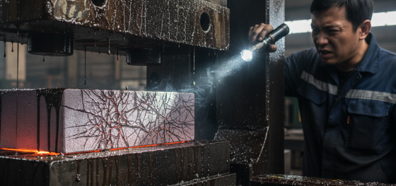 Quality inspector shining a flashlight onto a shattered steel cavity ruined by thermal cracking Quality inspector shining a flashlight onto a shattered steel cavity ruined by thermal cracking