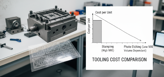 Cost analysis board comparing an expensive heavy stamping die against extremely cheap optical phototooling films Cost analysis board comparing an expensive heavy stamping die against extremely cheap optical phototooling films
