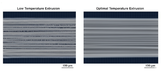 Microscopic comparison of under-extruded PLA voids versus perfectly melted and cross-linked polymer layers Microscopic comparison of under-extruded PLA voids versus perfectly melted and cross-linked polymer layers