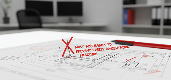 Engineering blueprint with red crosses over sharp internal corners warning about ceramic stress concentration fractures