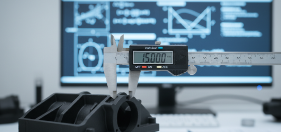 Digital calipers measuring exact shrinkage tolerances on a cast polyurethane housing Digital calipers measuring exact shrinkage tolerances on a cast polyurethane housing