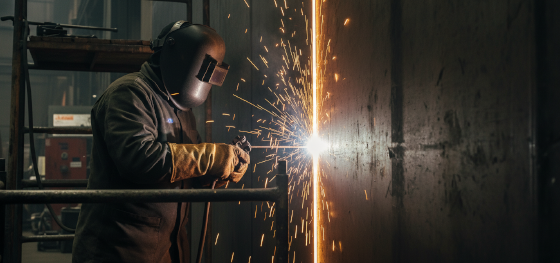 Welder seamlessly running a glowing bead up a vertical steel wall