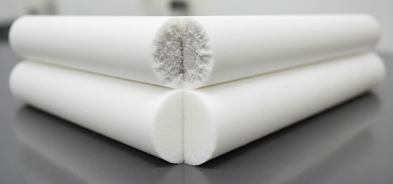 Material comparison between a porous homopolymer rod and a perfectly dense copolymer billet