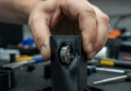 Mechanical engineer trying to force a steel bearing into a warped oval printed hole.png