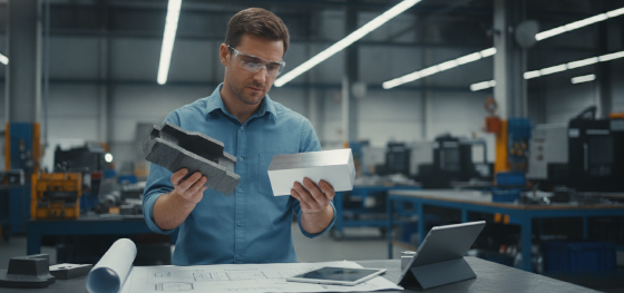 comparing raw metal parts against high precision finished components