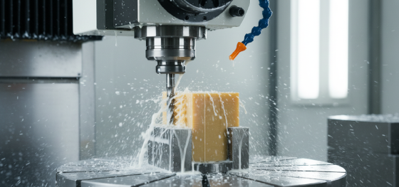 5-axis CNC milling machine cutting precision threads directly into a solid 3D printed PEEK polymer block