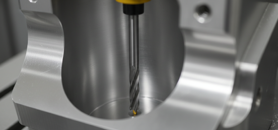 Long reach cutting tool operating deep inside a complex aluminum housing without visible chatter marks