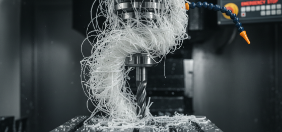 CNC spindle halted due to long stringy Teflon chips wrapping around the carbide end mill