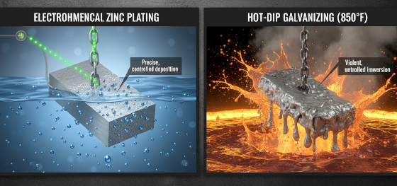 Process principle comparison between precise electrochemical zinc plating and violent hot-dip galvanizing in molten metal