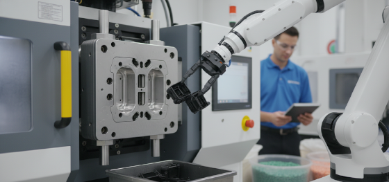 Injection molding machine using an aluminum rapid tool to produce glass-filled nylon parts for functional testing