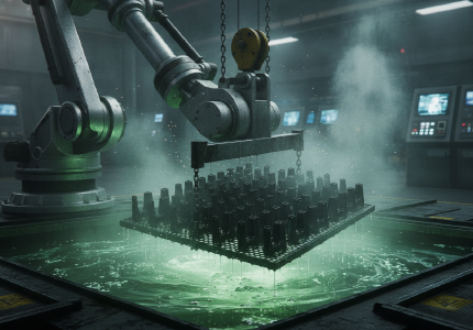 Robotic hoist lifting matte black aerospace brackets out of a steaming sulfuric acid bath.png