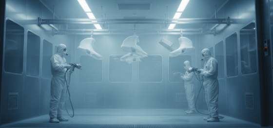 Pressurized dust free painting bay with technicians operating specialized spray equipment securely