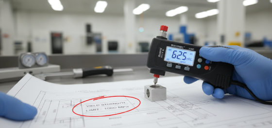 Quality control engineer performing Rockwell hardness tests to verify yield strength limits on a blueprint