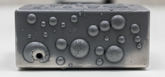 Metal enclosure exhibiting massive surface blisters caused by expanding internal air pockets