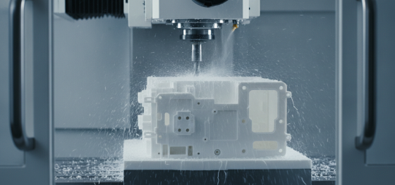 High speed CNC machine carving an electronic housing from a solid white ABS billet