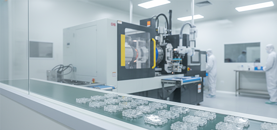 Outsourced all-electric precision injection press producing medical-grade polycarbonate parts inside a cleanroom