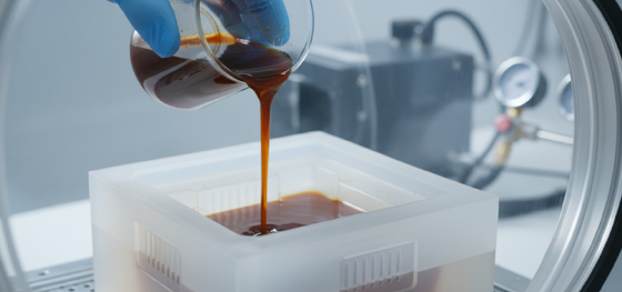pouring liquid resin into flexible silicone molds for precise low volume production