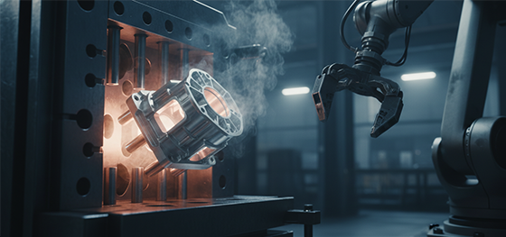 automated ejector pins removing hot metal parts from a mold