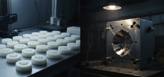 Visual comparison between fifty printed plastic gears and an expensive solid steel mold