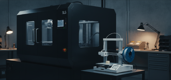Massive industrial SLS powder bed operating beside a small desktop plastic extruder