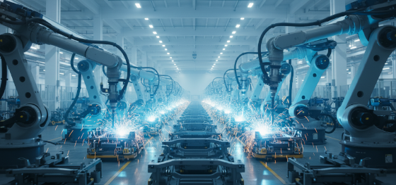 Automated robotic arms rapidly fusing complex metal chassis components together seamlessly