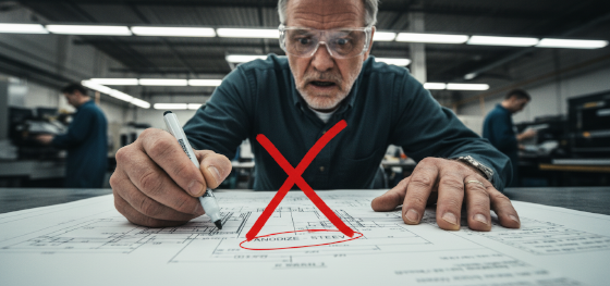 Senior quality inspector aggressively crossing out impossible surface finish callouts on an engineering blueprint