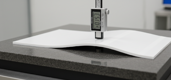 Digital dial indicator measuring a severely bowed plastic plate ruined by internal stress