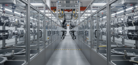 Fully enclosed automated electroplating line transporting gleaming automotive trims using precision robotic cranes