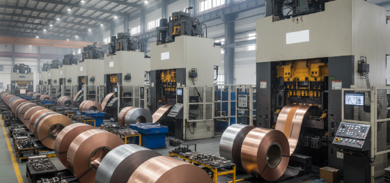 Automated progressive die presses feeding massive coils of raw metal inside a modern factory