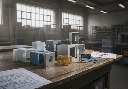 different prototype casings grouped together on a workshop table.png