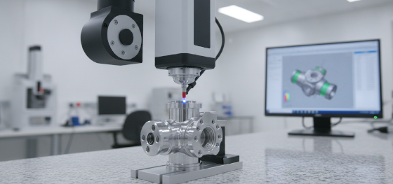 cmm probe verifying physical tolerances on complex hardware parts