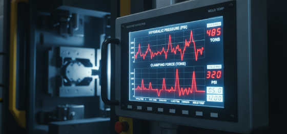 Digital control panel on a heavy industrial press displaying maximum hydraulic clamping force graphs