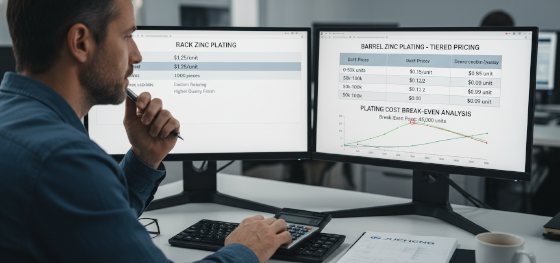 Procurement engineer calculating the financial break-even point between rack plating and barrel zinc plating costs