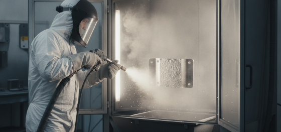 Electrostatic spray gun firing atomized droplets magnetically wrapping around a steel frame