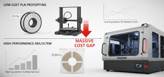 Cost analysis board comparing cheap PLA filament operations against expensive heated chambers required for ABS Cost analysis board comparing cheap PLA filament operations against expensive heated chambers required for ABS