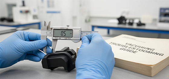 QC engineer using digital calipers to measure parting line mismatch tolerances on a polyurethane cast part