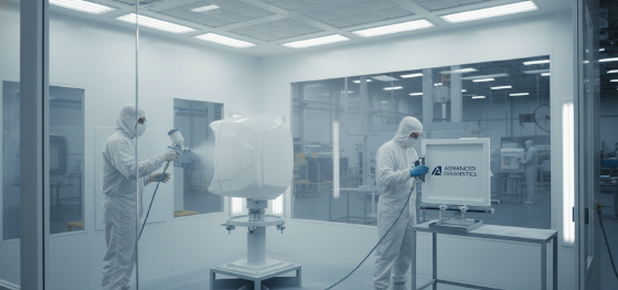 contract manufacturer applying sterile white medical grade paint to diagnostic housings