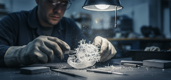 Factory technician spending tedious manual hours sanding rigid plastic supports off a prototype
